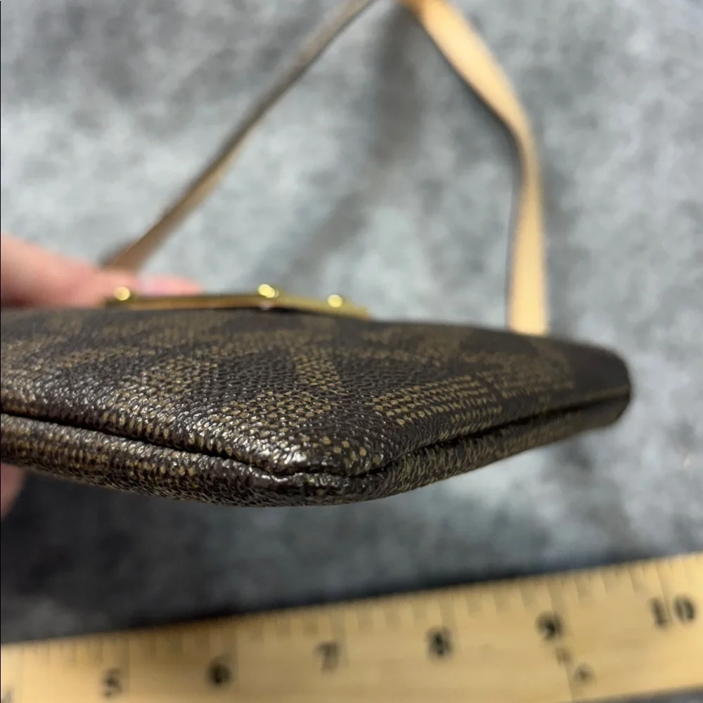 Michael Kors MK Brown Leather Wristlet Monogram Small Purse Mini Brown